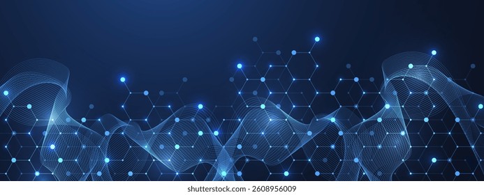 Molecular abstract structure and genetic engineering DNA. Healthcare and medicine background concept. Scientific research background. Wave flow. Innovation pattern. Vector illustration