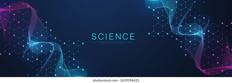 Estrutura abstrata molecular e DNA de engenharia genética. Conceito de cuidados de saúde e formação médica. Antecedentes de pesquisa científica. Fluxo das ondas. Padrão de inovação. Ilustração vetorial