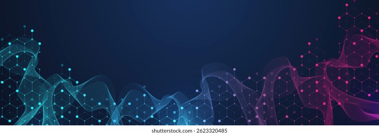 Molecular abstract structure and genetic engineering DNA. Healthcare and medicine background concept. Scientific research background. Wave flow. Innovation pattern. Vector illustration
