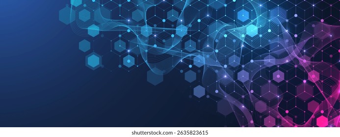 Molecular abstract structure and genetic engineering DNA. Healthcare and medicine background concept. Scientific research background. Wave flow. Innovation pattern. Vector illustration