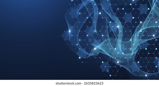 Estrutura abstrata molecular e DNA de engenharia genética. Conceito de cuidados de saúde e formação médica. Antecedentes de pesquisa científica. Fluxo das ondas. Padrão de inovação. Ilustração vetorial