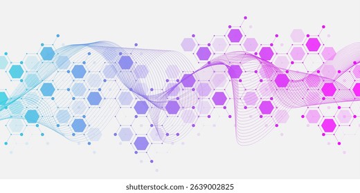 Molecular abstract structure and genetic engineering DNA. Healthcare and medicine background concept. Scientific research background. Wave flow. Innovation pattern. Vector illustration
