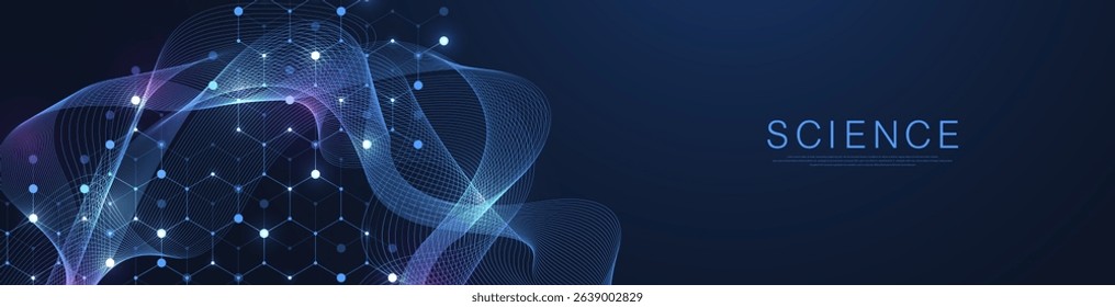 Molecular abstract structure and genetic engineering DNA. Healthcare and medicine background concept. Scientific research background. Wave flow. Innovation pattern. Vector illustration