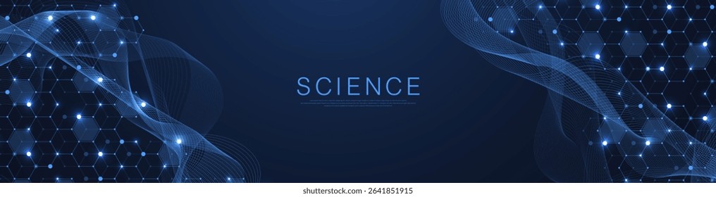 Molecular abstract structure and genetic engineering DNA. Healthcare and medicine background concept. Scientific research background. Wave flow. Innovation pattern. Vector illustration
