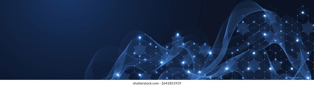 Molecular abstract structure and genetic engineering DNA. Healthcare and medicine background concept. Scientific research background. Wave flow. Innovation pattern. Vector illustration