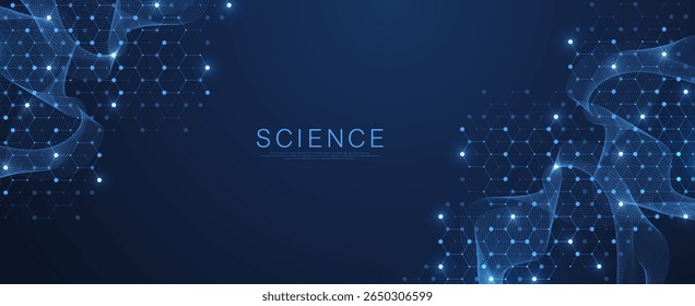 Estrutura abstrata molecular e DNA de engenharia genética. Conceito de cuidados de saúde e formação médica. Antecedentes de pesquisa científica. Fluxo das ondas. Padrão de inovação. Ilustração vetorial