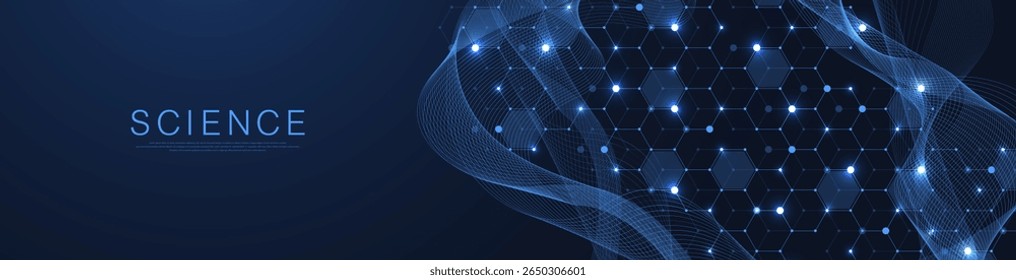 Estrutura abstrata molecular e DNA de engenharia genética. Conceito de cuidados de saúde e formação médica. Antecedentes de pesquisa científica. Fluxo das ondas. Padrão de inovação. Ilustração vetorial