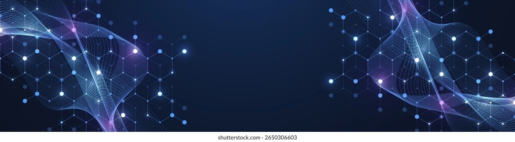 Estrutura abstrata molecular e DNA de engenharia genética. Conceito de cuidados de saúde e formação médica. Antecedentes de pesquisa científica. Fluxo das ondas. Padrão de inovação. Ilustração vetorial