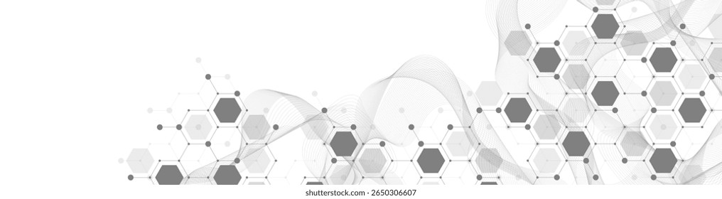 Estrutura abstrata molecular e DNA de engenharia genética. Conceito de cuidados de saúde e formação médica. Antecedentes de pesquisa científica. Fluxo das ondas. Padrão de inovação. Ilustração vetorial
