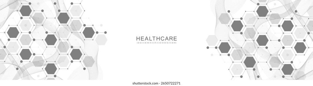 Molecular abstract structure and genetic engineering DNA. Healthcare and medicine background concept. Scientific research background. Wave flow. Innovation pattern. Vector illustration