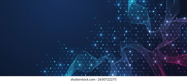 Estrutura abstrata molecular e DNA de engenharia genética. Conceito de cuidados de saúde e formação médica. Antecedentes de pesquisa científica. Fluxo das ondas. Padrão de inovação. Ilustração vetorial