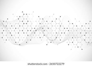 Estrutura abstrata molecular e DNA de engenharia genética. Conceito de cuidados de saúde e formação médica. Antecedentes de pesquisa científica. Fluxo das ondas. Padrão de inovação. Ilustração vetorial