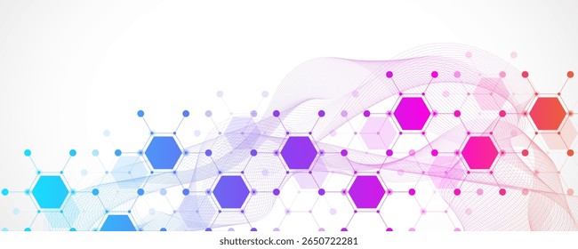 Molecular abstract structure and genetic engineering DNA. Healthcare and medicine background concept. Scientific research background. Wave flow. Innovation pattern. Vector illustration