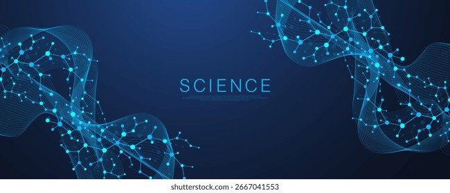 Estrutura abstrata molecular e DNA de engenharia genética. Conceito de cuidados de saúde e formação médica. Antecedentes de pesquisa científica. Fluxo das ondas. Padrão de inovação. Ilustração vetorial