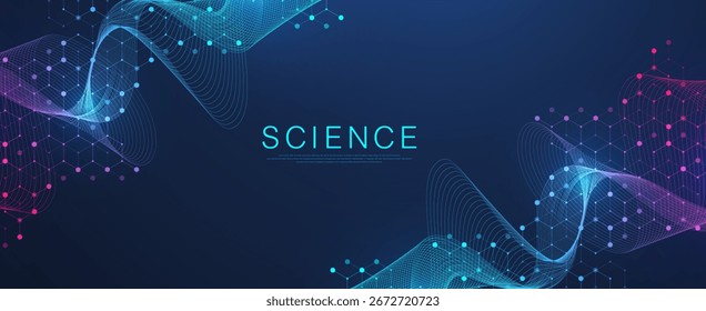Molekulare abstrakte Struktur und gentechnische DNA. Hintergrundkonzept für Gesundheit und Medizin. Wissenschaftlicher Hintergrund. Wellenfluss. Innovationsmuster. Vektorgrafik