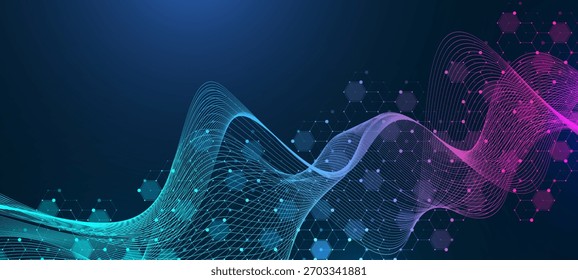 Estrutura abstrata molecular e DNA de engenharia genética. Conceito de cuidados de saúde e formação médica. Antecedentes de pesquisa científica. Fluxo das ondas. Padrão de inovação. Ilustração vetorial