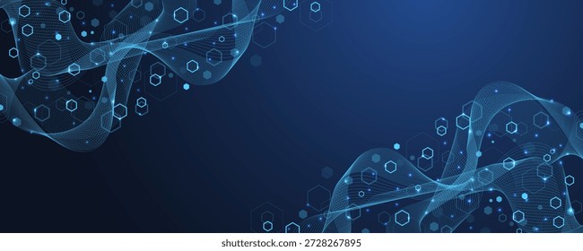 Molecular abstract structure and genetic engineering DNA. Healthcare and medicine background concept. Scientific research background. Wave flow. Innovation pattern. Vector illustration