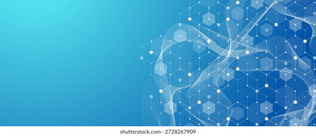 Molecular abstract structure and genetic engineering DNA. Healthcare and medicine background concept. Scientific research background. Wave flow. Innovation pattern. Vector illustration