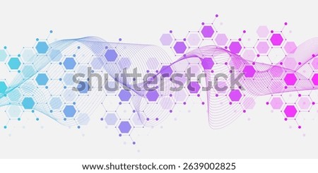 Molecular abstract structure and genetic engineering DNA. Healthcare and medicine background concept. Scientific research background. Wave flow. Innovation pattern. Vector illustration