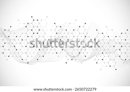 Molecular abstract structure and genetic engineering DNA. Healthcare and medicine background concept. Scientific research background. Wave flow. Innovation pattern. Vector illustration