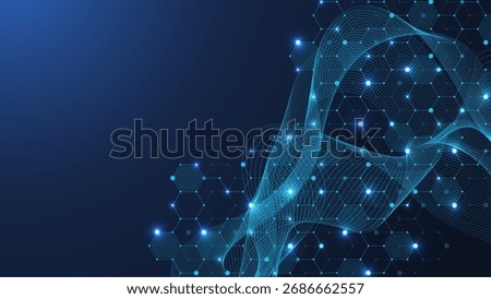 Molecular abstract structure and genetic engineering DNA. Healthcare and medicine background concept. Scientific research background. Wave flow. Innovation pattern. Vector illustration