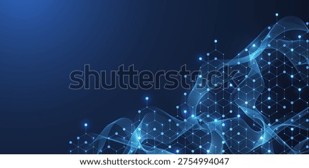 Molecular abstract structure and genetic engineering DNA. Healthcare and medicine background concept. Scientific research background. Wave flow. Innovation pattern. Vector illustration