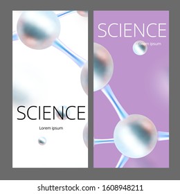 Molecular abstract web banners. Vector illustration. Atoms. Medical background for banner or flyer. 3d Molecular structure with blue spherical particles.
