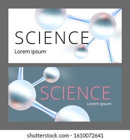 Molecular abstract web banners. Vector illustration. Atoms. Medical background for banner or flyer. 3d Molecular structure with blue spherical particles.