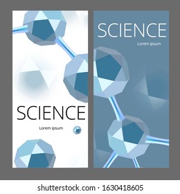 Molecular abstract web banners. Vector illustration. Atoms. Medical background for banner or flyer. 3d Molecular structure with blue icosahedron particles.