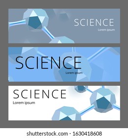 Molecular abstract web banners. Vector illustration. Atoms. Medical background for banner or flyer. 3d Molecular structure with blue icosahedron particles.