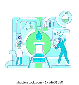 Molecular analysis thin line concept vector illustration. Scientists, chemists 2D cartoon characters for web design. Laboratory experiment, scientific research. Pharmaceutical testing creative idea