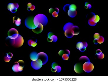 Molecular background on black. Neon balls. Vector illustration of bokeh effect. Colorful bright soap bubbles. Multicolored patterns on round shapes. Fantasy abstract style. Kaleidoscope Pattern.