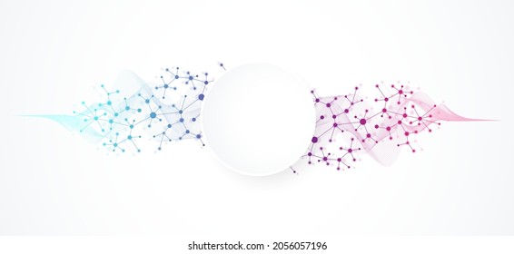 Molecular banner template for science and technology presentation. Molecular structure background with abstract flowing wave lines.