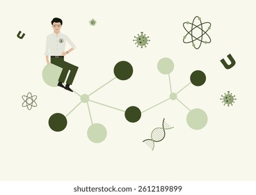 Molecular Biologist Analyzing Virus Structure Illustration. flat illustration of scientist sitting on molecular network with virus particles, DNA, and atomic symbols representing medical research - Powered by Shutterstock - Get 15% off with code: PIKWIZARD15