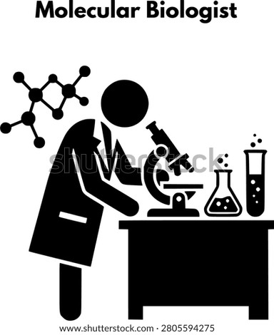 Molecular Biologist Vector Icon Illustration of Scientist Analyzing Chemical Structure with Microscope and Laboratory Flasks