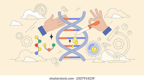 Molecular biology and biotechnology science study tiny neubrutalism concept. Genetic DNA helix research, sequencing or artificial editing for mutations and scientific innovations vector illustration.