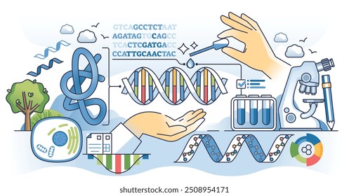 Molekularbiologie als DNA-Biotechnologie-Forschung skizzieren Hands-Konzept. Molekulare Analytik und genetische Datenerhebung zur Bearbeitung, Sequenzierung, Modifikation oder Klonierung von Vektorgrafiken.