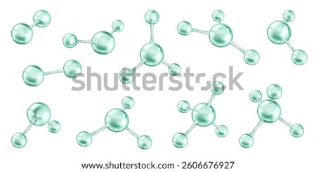 Molecular collagen structure realistic color icons set. Interconnected atomic bonds scientific skincare treatments 3d objects bundle on white