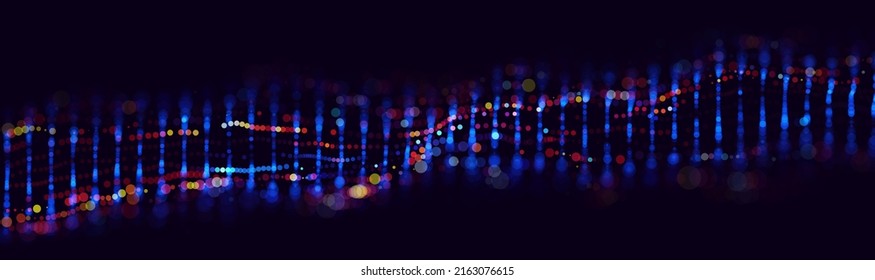 Fondo molecular de ADN colorido. Concepto de red de biotecnología. Ola de sonido musical. Visualización del ADN de Big Data. Ilustración del vector puntos abstractos.