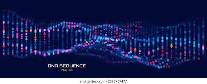 Molecular Colorful DNA Background. BioTechnology Network Concept. Music Sound Wave. Big Data DNA Visualization. Abstract Dots Vector Illustration.