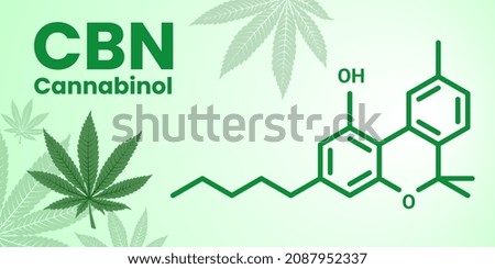 The molecular formula of Cannabinol CBN -  non-psychoactive cannabinoid. Vector banner of a formula with title and marihuana leaf on the light background.