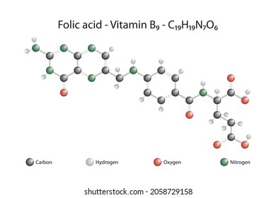 Molecular formula of folic acid. Folic acid or vitamin B9 is a vitamin commonly found in green leaves.