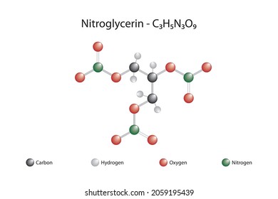 Molecular formula of nitroglycerin. Nitroglycerin is used as an active ingredient in the manufacture of explosives, mostly dynamite, used in the construction, demolition and mining industries.