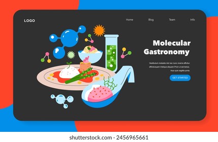 Molecular Gastronomy concept. Creative culinary techniques meet science in food preparation, with artistic plating and experimental cuisine. Vector illustration.