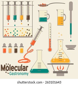 Molecular gastronomy flat set. Modernist cuisine in retro colors.