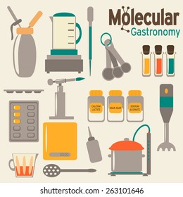 Molecular gastronomy flat set. Modernist cuisine in retro colors.