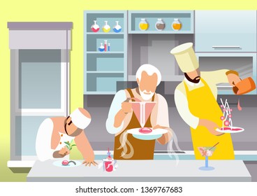 Molecular Gastronomy Flat Vector Illustration. Cartoon Chef, Sous Chef Experimenting with Nano Cuisine. Kitchen Workers Decorating Gourmet Dishes with Herbs, Gravy. Trendy Culinary Innovations