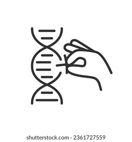 Genética molecular, Ingeniería genética, edición genética del adn, icono lineal. Mano sosteniendo una molécula, una sección del adn. Línea con trazo editable