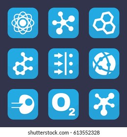 Molecular icon. set of 9 filled molecular icons such as atom, atom move, core, chemical structure