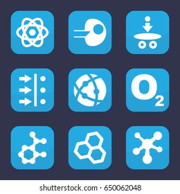 Molecular icon. set of 9 filled molecular icons such as atom, atom move, core, chemical structure